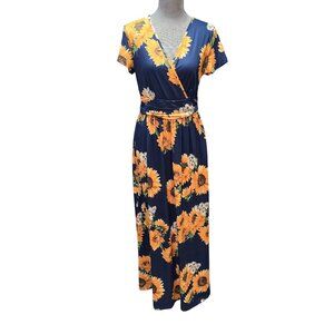 Ouges Women's Blue Yellow Sunflower Maxi Dress NWT Medium